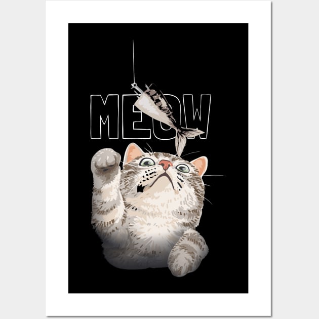 meow slogan with cute cat reaching for fish bait illustration Wall Art by chenowethdiliff